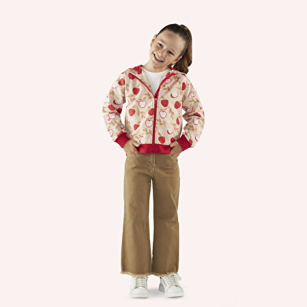Kız Çocuk Fermuarlı Elma Desenli Sweatshirt Bej