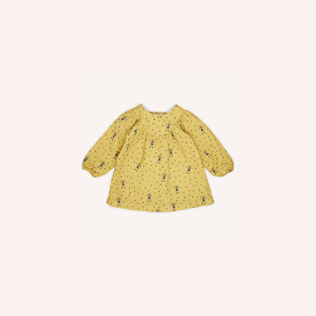 Kız Çocuk Desenli Müslin Elbise Hardal