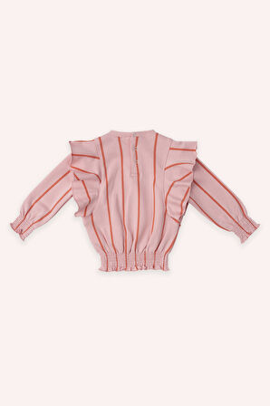 Kız Çocuk Çizgili, Fırfır Detaylı Sweatshirt Pembe