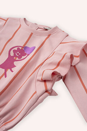 Kız Çocuk Çizgili, Fırfır Detaylı Sweatshirt Pembe