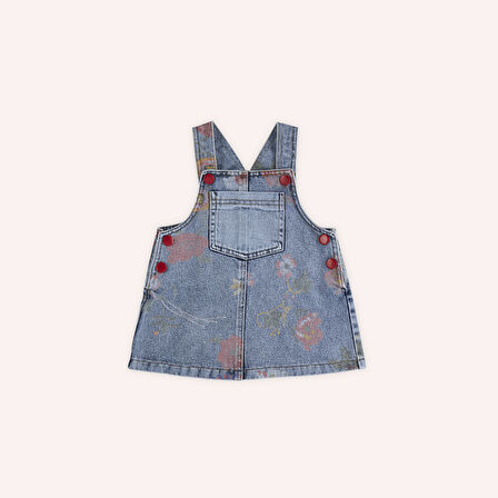 Kız Çocuk Baskılı Denim Elbise Mavi