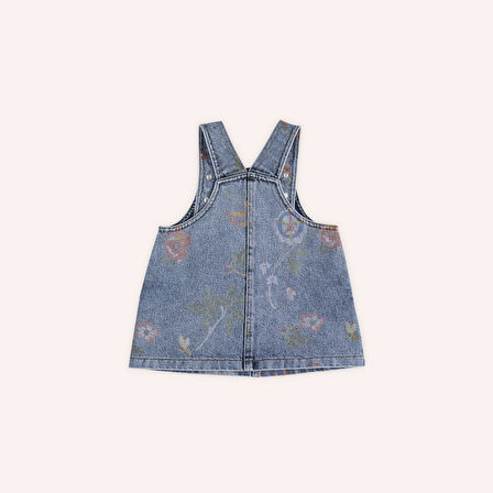 Kız Çocuk Baskılı Denim Elbise Mavi