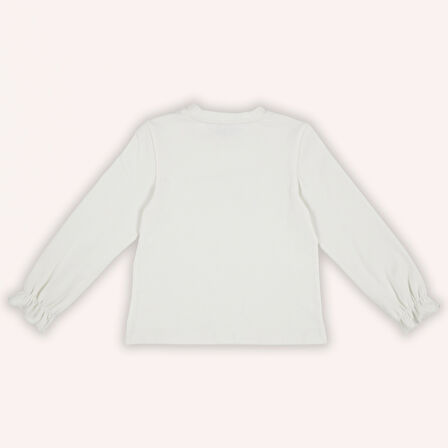 Kız Çocuk Kedi Baskılı Uzun Kollu T-Shirt Ekru