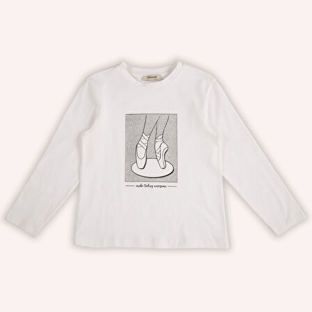 Kız Çocuk Sim Baskı Detaylı T-Shirt Ekru