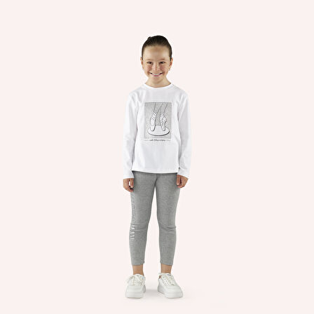 Kız Çocuk Sim Baskı Detaylı T-Shirt Ekru