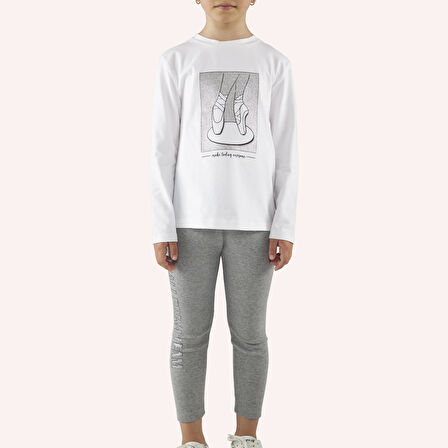 Kız Çocuk Sim Baskı Detaylı T-Shirt Ekru