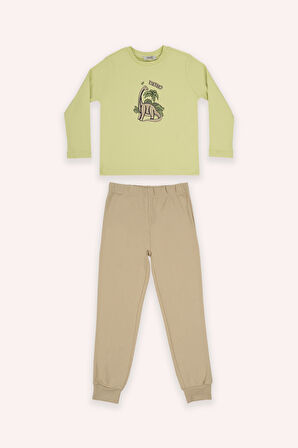 Erkek Çocuk Dinazor Baskılı Pijama Takımı Yeşil