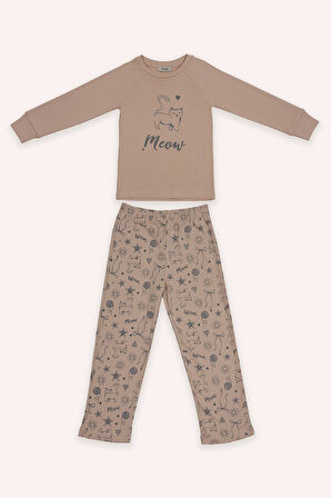 Kız Çocuk Kedi Baskılı Pijama Takımı Somon
