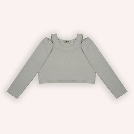 Kız Çocuk Kolları Pencere Detaylı T-Shirt Ekru