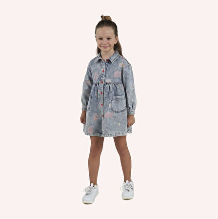 Kız Çocuk Desenli Denim Elbise Mavi