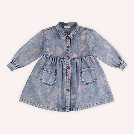 Kız Çocuk Desenli Denim Elbise Mavi