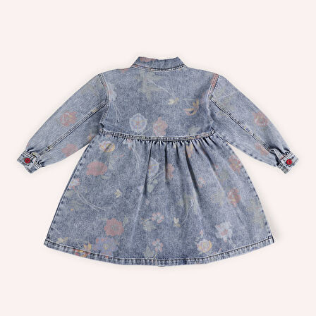 Kız Çocuk Desenli Denim Elbise Mavi