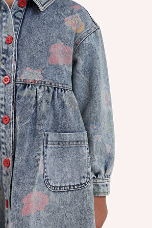 Kız Çocuk Desenli Denim Elbise Mavi