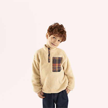 Erkek Çocuk Peluş Sweatshirt Bej