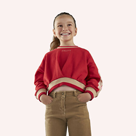 Kız Çocuk Kolları Parça Detaylı Sweatshirt Kırmızı