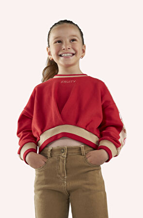 Kız Çocuk Kolları Parça Detaylı Sweatshirt Kırmızı
