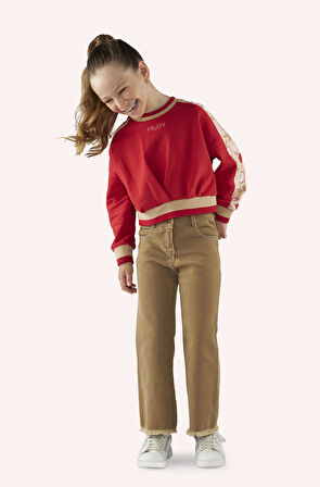 Kız Çocuk Kolları Parça Detaylı Sweatshirt Kırmızı