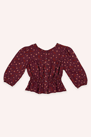 Kız Çocuk Kalp Desenli Bluz Bordo