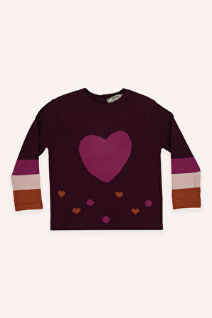 Kız Çocuk Kalp Desenli Triko Kazak Bordo