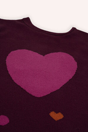 Kız Çocuk Kalp Desenli Triko Kazak Bordo