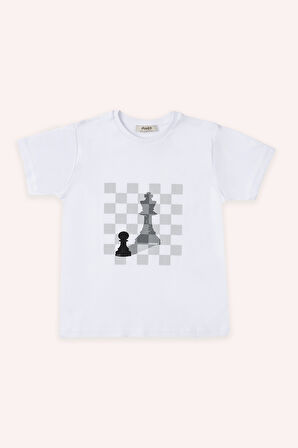 Erkek Çocuk Satranç Baskılı Pijama Üstü Beyaz