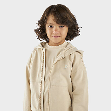 Erkek Çocuk Fermuarlı Sweatshirt Bej