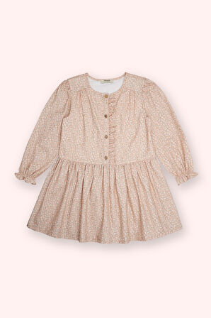 Kız Çocuk Çiçek Desenli Elbise Bej