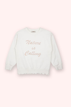 Kız Çocuk Nakış Detaylı Sweatshirt Ekru