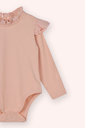 Kız Çocuk Fırfır Detaylı Uzun Kollu Body Pudra