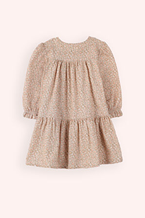 Kız Çocuk Çiçek Desenli Elbise Bej