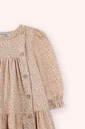 Kız Çocuk Çiçek Desenli Elbise Bej
