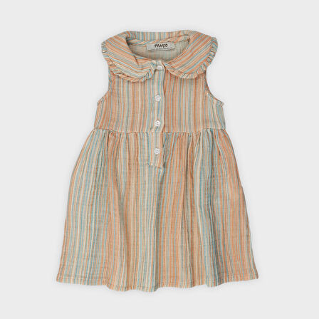 Kız Çocuk Çizgi Desenli Elbise Oranj