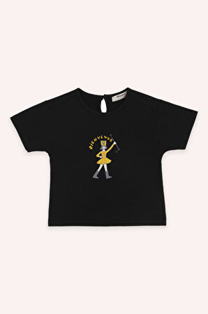 Kız Çocuk Baskılı T-Shirt Siyah