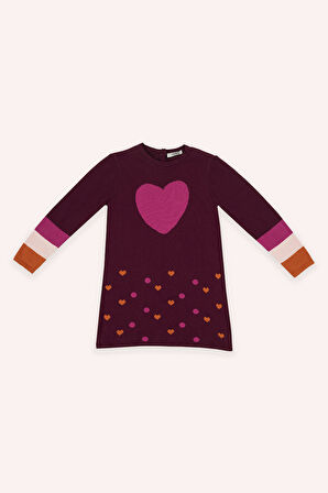 Kız Çocuk Kalp Desenli Triko Elbise Bordo
