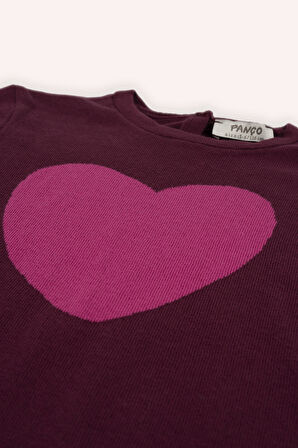 Kız Çocuk Kalp Desenli Triko Elbise Bordo