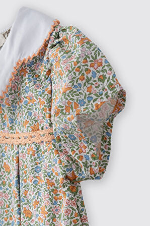 Kız Çocuk Çiçek Desenli Elbise Turuncu