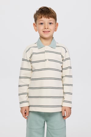 Erkek Çocuk Yakalı Çizgili Sweatshirt Ekru