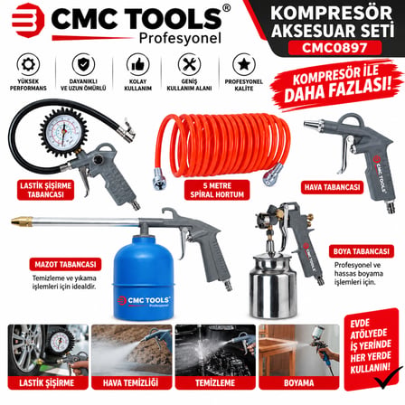 Kompresör Aksesuar Seti ( 5 Metre Hortum-Hava-Boya-Mazot-Tabancası-Lastik Şişirme Tabanca) Cmc0897