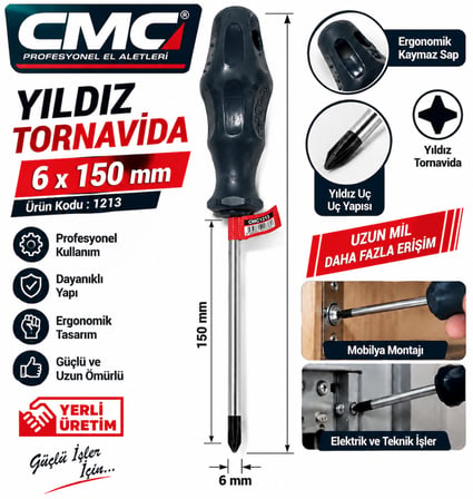 Yıldız Tornavida 6X150 mm Profesyonel Yerli Üretim Ürün Kodu : Cmc :1213