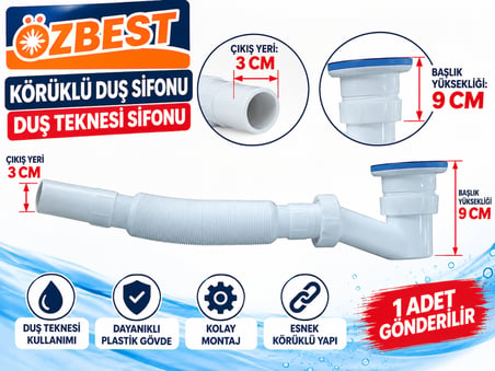 Duş Teknesi Sifonu Duş Trobleni Körüklü Duş Sifonu Baş Yükseklik: 9 Cm Çıkış Yeri : 3 Cm