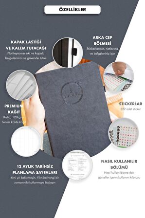 Tarihsiz Ajanda - Haftalık Planlayıcı 12 Aylık Fz Planner Siyah