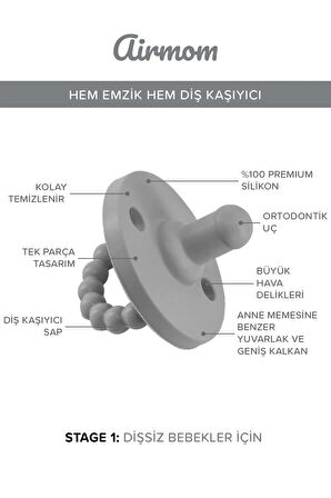 Airmom Emzik - Hem Emzik Hem Diş Kaşıyıcı 2'li Silikon Emzik - Yenidoğan Ve 0-6 Ay Koyu Gri & Taba