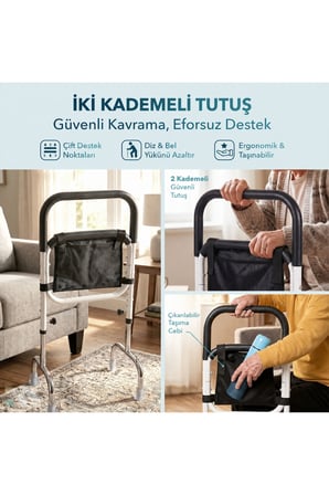 Hasta Yaşlı Ayağa Kalkma Destek Aparatı – Yatak Koltuk Sandalye Klozet Yanı Doğrulma Bariyeri, Ayarlanabilir Yükseklik, Cepli Tutunma Barı, Kaymaz Tabanlı