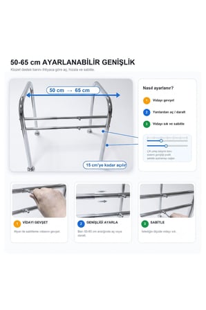 Yaşlı ve Engelli İçin Klozet Tutunma Barı - Yere Montajlı, 50-65 cm Genişliği Ayarlanabilir Tuvalet Destek Barı