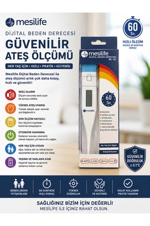MC101 Dijital Ateş Ölçer | Hassas Ölçüm Özellikli Dijital Derece | Ağız, Koltuk Altı ve Rektal Kullanım | Ateş Ölçer
