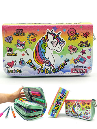 Kalem Kutusu Unicorn Cool Tarz Kawai Organizer Kalemkutu Vegan Deri Üç Bölmeli Kalemlik - Yeşil