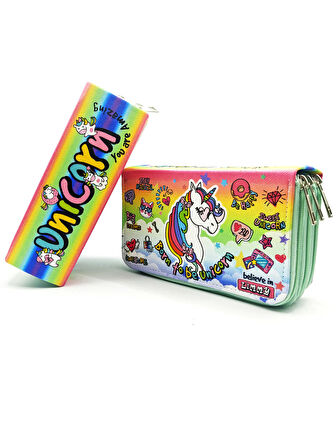 Kalem Kutusu Unicorn Cool Tarz Kawai Organizer Kalemkutu Vegan Deri Üç Bölmeli Kalemlik - Yeşil