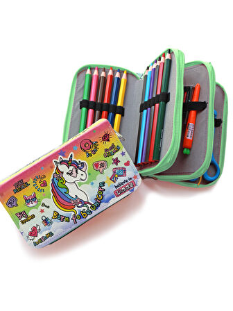 Kalem Kutusu Unicorn Cool Tarz Kawai Organizer Kalemkutu Vegan Deri Üç Bölmeli Kalemlik - Yeşil