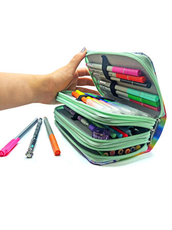 Kalem Kutusu Unicorn Cool Tarz Kawai Organizer Kalemkutu Vegan Deri Üç Bölmeli Kalemlik - Yeşil