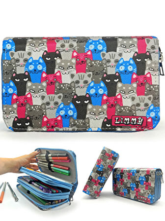 Kalem Kutusu Sevimli Kedi Kawai Organizer Kalemkutu Vegan Deri Üç Bölmeli Kalemlik - Mavi